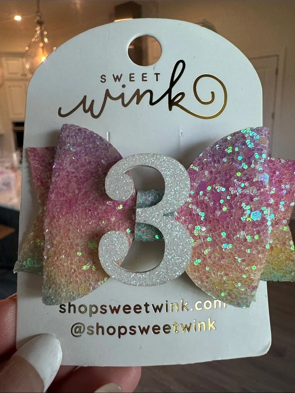 Sweet Wink Pink Glitter Ombre '3' Birthday Hair Bow